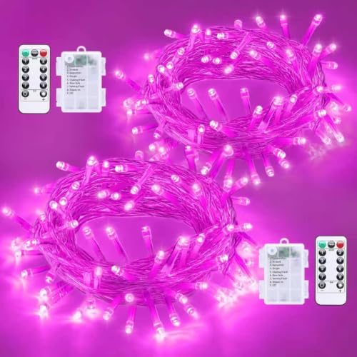 QITONG 2 Packs Each 33ft 100 LED Clear Wire Christmas Lights Purple Orange and Green - color: Pink and White, size: 2Pack