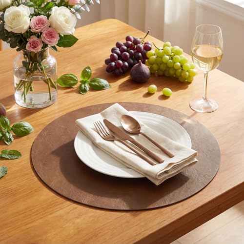 Artoid Mode Brown Faux Leather Placemats Set of 4, 15 Inch Waterproof Wipeable Heat Resistant Vinyl Place Mats, Reversible Table Mats for Kitchen Dining Decor - color: Brown, size: 15", Round 4 Pcs