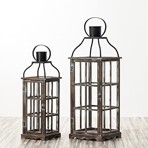 Glitzhome Farmhouse Wood Metal Large Decorative Lanterns Hanging Candle Lanterns Set of 2, Black (No Glass) - color: Black 35.75"h