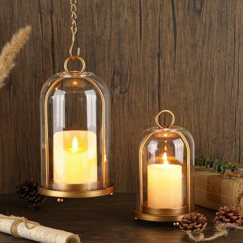 Vintage Brass Metal Candle Lantern with Thick Glass Dome Set of 2