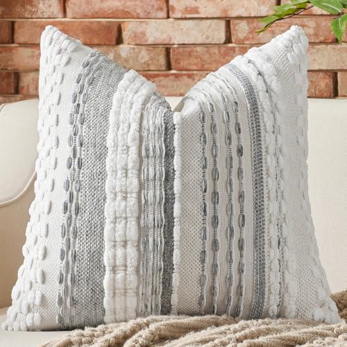 AmHoo Chenille Tufted Striped Textured Boho Throw Pillow Covers Aesthetic Woven Decorative Pillow Case for Couch Bed Sofa Bedroom Modern Funky 18 x 18-Inch White Grey - color: White Grey, size: 18" x 18" (Pack of 1)