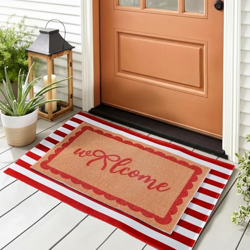 Tinideya 2 Pcs Red and White Stripe Welcome Mats for Front Door - color: Red,white