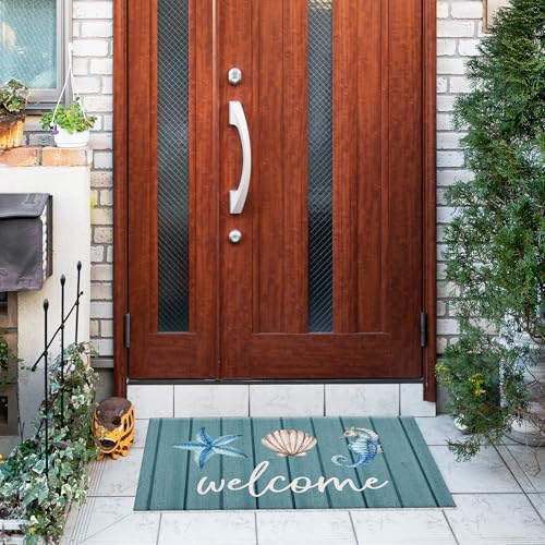 Jvpke Beach Welcome Mat for Front Door, Blue Beach Door Mat, Starfish Seashell Seahorse Beachy Door Mats Indoor Outdoor Entrance Porch, Ocean Beachy Baths Mats for Bathroom, 17x30 Inches - color: Blue Beach Welcome