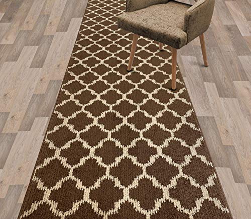 Custom Size Cut to Length Moroccan Trellis Design Runner Rug Mat For Wide Long Hallways with Non-Slip Rubber Backing, Better Traction for Pets, Prevent Slippage, Trellis Brown, 31 inch X 6 feet - color: Trellis / Brown, size: 31 inch Width X 6 Feet Length