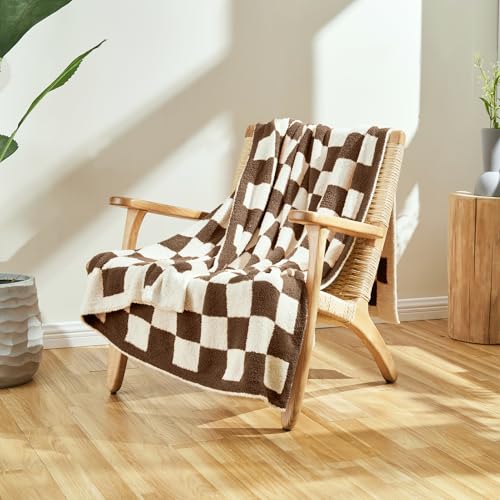 CozeCube Brown White Reversible Checkered Knit Throw Blanket 50"x60" - color: Dark Brown, size: 50"x60"