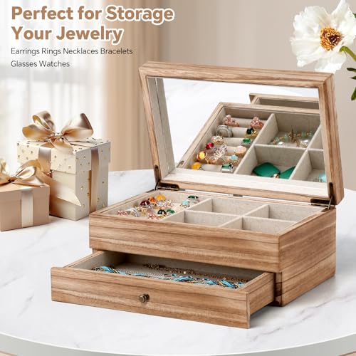 Meangood Jewelry Box Organizer for Women, 2 Layer Large Jewelry Storage Case, Rustic Wooden Jewelry Box with Mirror & Ring Tray for Necklace Earring Bracelets Rings, Vintage Style (Torched Wood) - color: Torched Wood, size: 1-Drawer