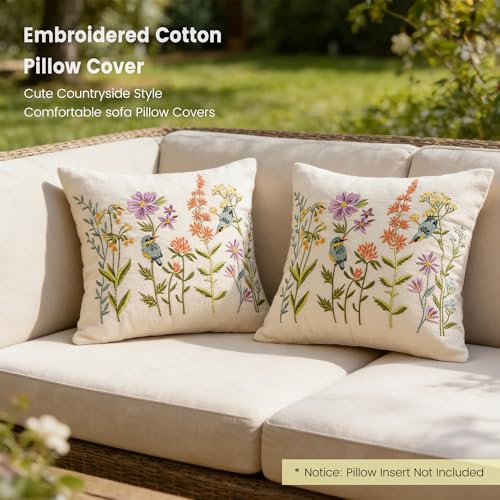Embroidered Pillow Cover -18x18 Zipper Decorative Pillowcase, Cute Style Comfortable Pillowcase, Suitable for Living Room Sofa Bed, Flower and Plant Style (Floral and Bird, 18 * 18 inch) - color: Floral and Bird