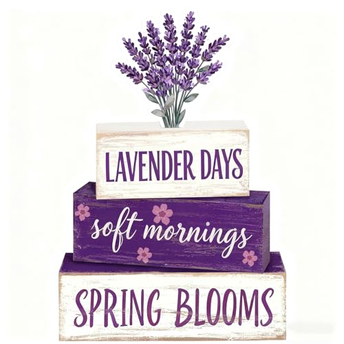Spring Decoration Wooden Tiered Tray Decor – Rustic Lavender Days Stacked Block Sign with Lavender Flower Topper – Farmhouse Tabletop Spring Decor for Living Room Shelf Kitchen Coffee Bar Seasonal Home Display - style: Lavender