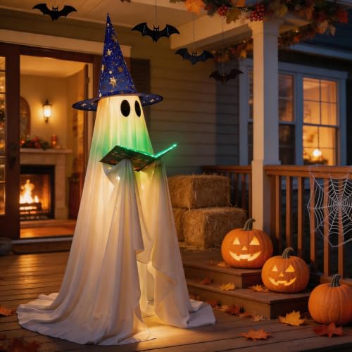 Halloween Ghost Decoration,53 inch,with Witch Hat and Book,8 Lighting Modes
