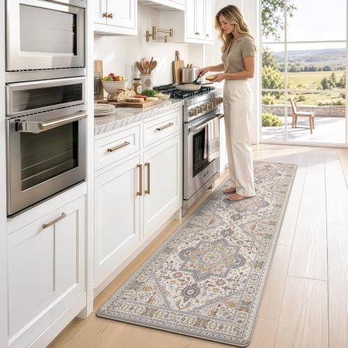 LUMI Kitchen Floor Mat Cushioned Anti Fatigue Runner Rug, 24"x87" - color: Cream & Multi, size: 87"L x 24"W x 0.4"Th