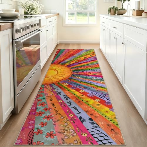 Likiyol Sun Runner Rug Non Slip 2x7'3 Inspirational Kitchen Runner Rug, Soft Faux Wool Runners for Hallways, Low Pile Washable Rug for Kitchen, Bedroom, Laundry Room - size: 2' x 7'4" (Rectangular)