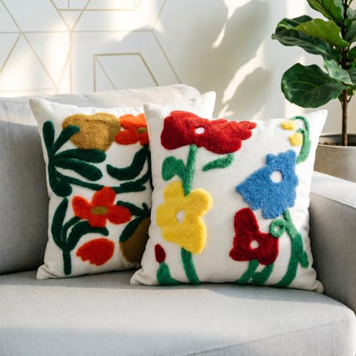 Boho Art Red Spring Floral Embroidered Throw Pillow Cover 18"x18" Set of 2 - color: Artflower Red