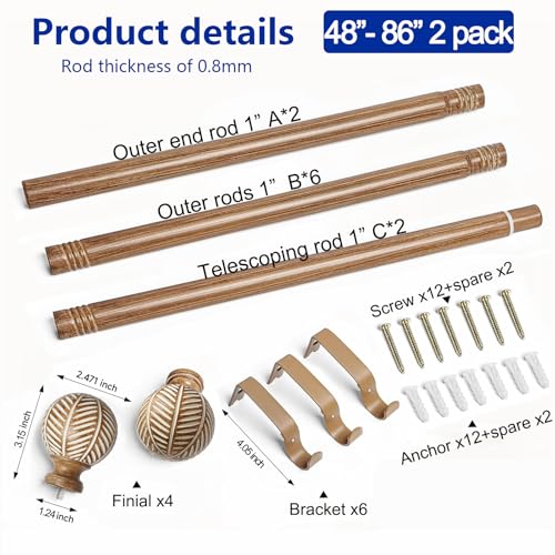 Wood Curtain Rods for Windows: 1 Inch Diameter Adjustable Drapery Rods 48" to 86", 2 Pack Heavy Duty Window Rod with Imitation Wood Grain Leaf Pattern Finials - color: Wood grain, size: 48"-86"|2 PACK
