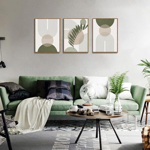 Boho Sage Green Abstract Framed Canvas Wall Art Set of 3, 16x24 inch - color: Sage Green, size: 16"x24"Natural