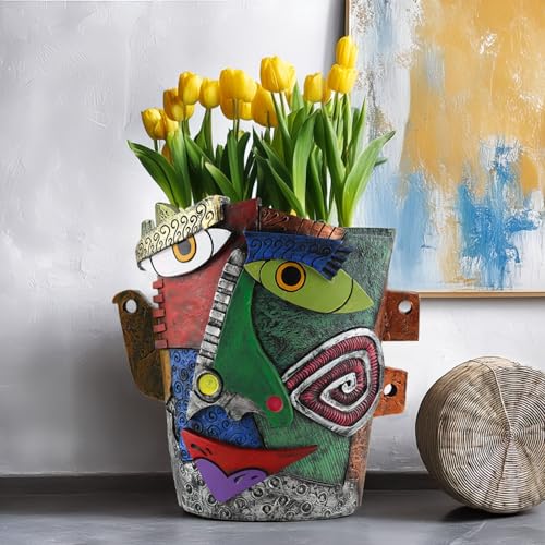 Picasso-Inspired Abstract Face Flower Pot | Unique Head Planter with Drainage Hole | Vibrant Colors & Quirky Art Decor (Frowning Expression) - color: Frowning Expression
