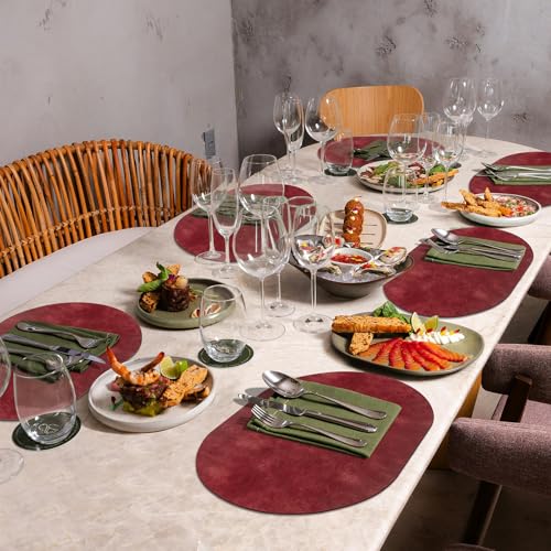 ADRIMER Oval Placemats Set of 6, Wipeable Faux Leather, Wine Red - color: Wine Red