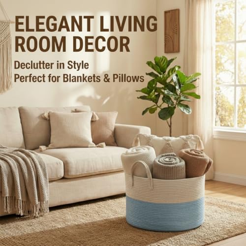 JMvicyroam 115L Extra Large Machine Washable Cotton Rope Blanket Basket - color: White&Blue, size: 115L