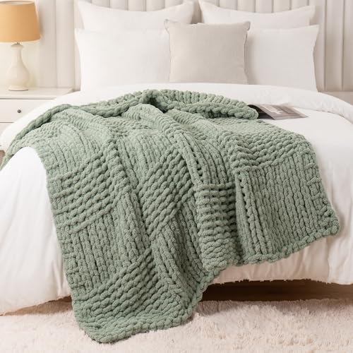 Chunky Knit Throw Blanket for Couch, Sage Green, 50"x60" - color: Sage Green