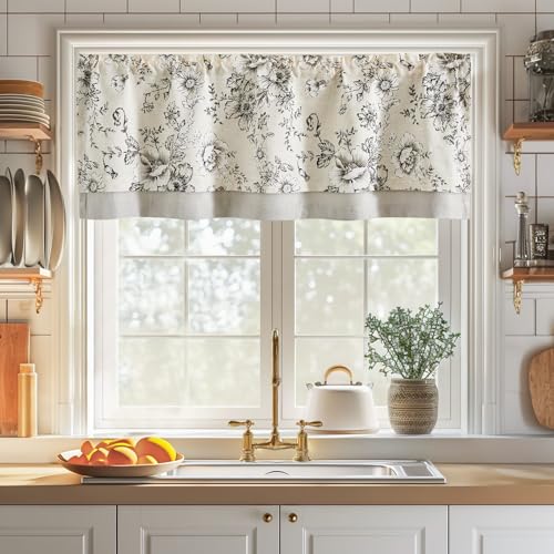 jinchan Floral Linen Kitchen Valance Curtain, 50x18, 1 Panel, Black - color: Flower Black on Beige, size: 50"W x 18"L (Pack of 1)