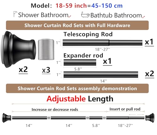 Black Tension Shower Curtain Rod – Adjustable 18-59 Inches, Fits 2058 Inch Spaces, No Drill Rust Resistant Spring Rod for Bathroom, Kitchen, Bedroom, Balcony - color: Black, size: 18-59 inch