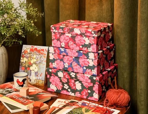 3-Piece Decorative Storage Boxes with Lids, Vibrant Pink and White Flower, Paperboard Keepsake box Set, Photo Storage Box for Memory, Home Decor, Knick-knacks Organizer, Shelf Decor - color: PINK PASSION