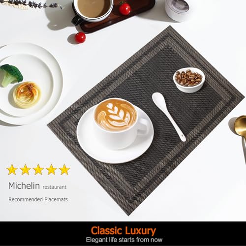 Black Gold Vinyl Placemats Set of 6, Heat Resistant Table Placemats - color: Black