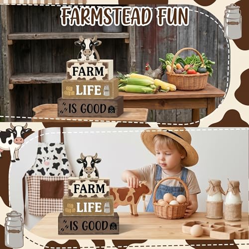 Britimes Tiered Tray Decor Set, 4 Pack, Wooden Table Sign, Farmhouse Cow - style: Black and White Cow