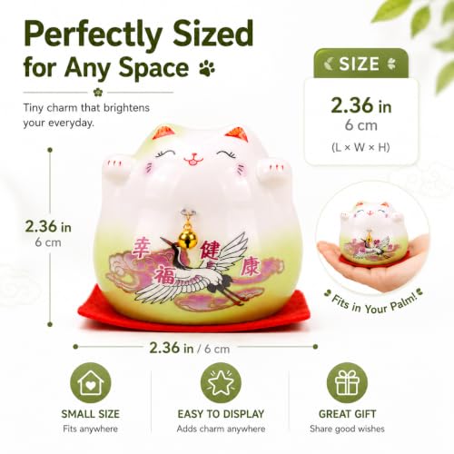 kcrygogo Green Maneki Neko Lucky Cat Figurine, Ceramic Japanese Fortune Cat Statue with Happiness Health Artwork and Red Cushion, Cute Good Luck Desk Shelf Table Decor Gift for Home Office Shop