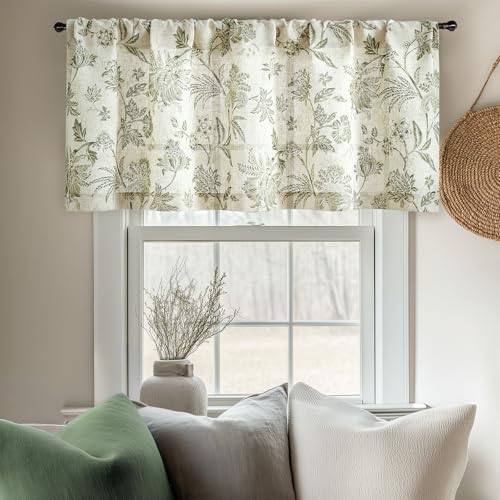 Vangao Linen Valance Curtain Farmhouse Cottage Floral Small Window Curtain Light Filtering for Kitchen Rustic Valance for Living Room Bedroom Rod Pocket 1 Panel Green on Beige - color: Jacobean Green, size: 50"W x 16"L (Pack of 1)