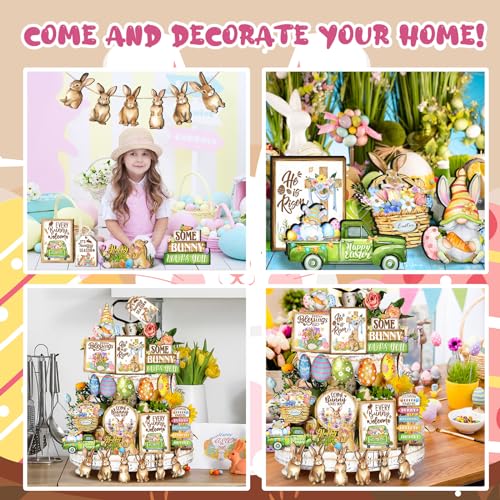 Amyhill 24 Pcs Easter Tiered Tray Decor Bunny Easter Spring Decorations Farmhouse Wooden Signs Gnome Egg Flower Tiered Tray Decor for Home Kitchen Coffee Bar Table Shelf - style: Delicate Easter
