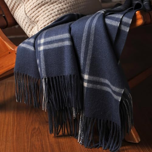 CUDDLE DREAMS Premium Cashmere Throw Blanket with Fringe (Plaid Blue) - color: Plaid Blue