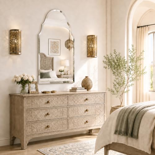 24x40 Inch Scalloped Arch Frameless Beveled Wall Mirror for Vanity - size: 40"L x 24"W