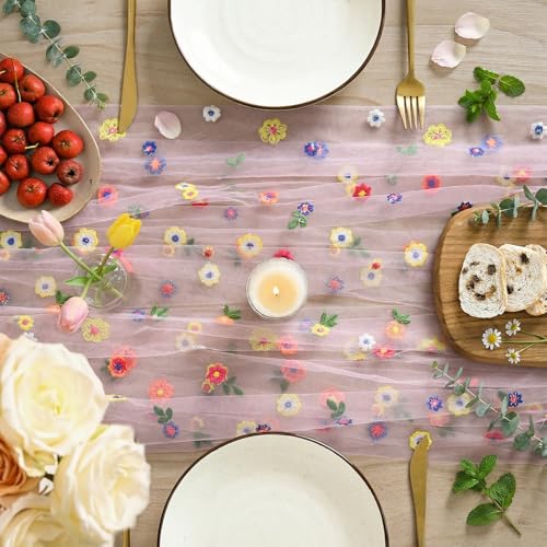 Artoid Mode Light Pink Floral Gauze Embroidery Table Runner 120 Inch 10FT - color: Pink, size: 27" x 120"