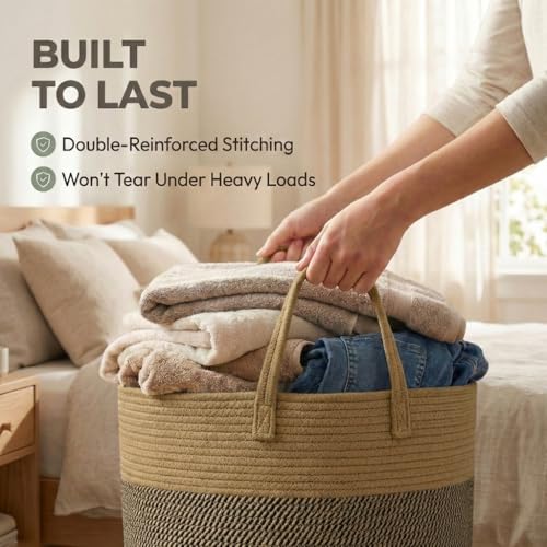 JMvicyroam 65L Extra Large Machine Washable Cotton Rope Blanket Basket - color: Jute&Black, size: 65L