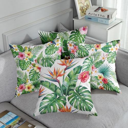 Throw Pillow Covers, Botanical Leaf, Set of 4, 18"x18" - color: Tropical Floral