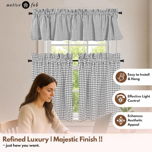 Native Fab Gingham Plaid Check 3 Pieces Window Curtain Tiers 26"x36" and Valance 54"x18" Set - Rod Pocket - Semi Sheer - Farmhouse Short Curtain for Kitchen, Bedroom, Bathroom - Grey and White - color: Grey White