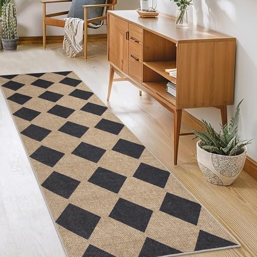 Zeeinx 2x6 Checkered Easy Jute Runner Rug Kitchen Runner Rugs for Hallway - color: Black/Checkered, size: 2'*6'(Runner)