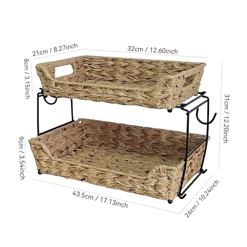 2-Tier Round Faux Rattan Wicker Storage Basket with Metal Frame, Countertop Organizer Shelf for Kitchen, Bathroom, Pantry (Corner)