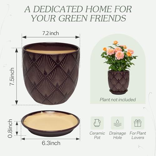7.2 Inch Modern Ceramic Glaze Plant Pot with Drainage Hole,Mesh Net,Saucer,Indoor Outdoor Planter(Fan-Dark Purple) - color: Fan-dark Purple