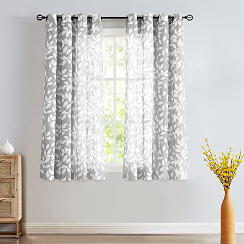 White Grey Leaf Curtains 54" Farmhouse Semi Sheer Window Treatments Drapes - color: Grey, size: 52"W x 54"L (Pack of 2)
