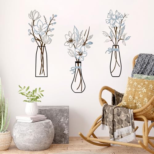 3 Pieces Metal Flowers Wall Art for Bathroom (Blue Brown) - color: Blue Brown