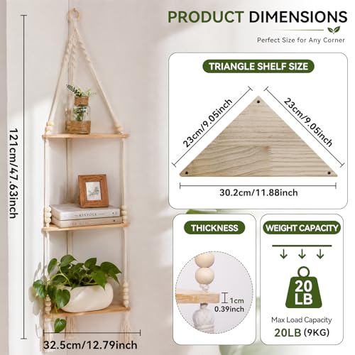 Artilady Macrame Corner Shelf Wall Hanging 3-Tier Adjust Boho Storage Decor - color: Beige 3-tier Beads