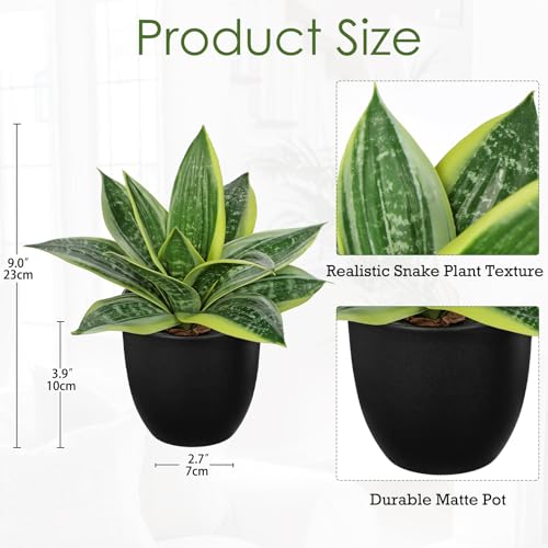 Hollyone Artificial Snake Plants 9" Faux Agave Succulent Plant Potted in Black Pot Fake Sansevieria Aloe Tropical Plant for Desk Modern Office Home Bathroom Indoor Outdoor Decor - color: Green #3-black Pot
