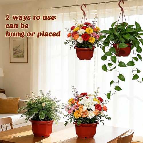 4 Pieces Plastic Hanging Planters, 6.7 x 5.5 Inch Hanging Flower Basket with Hook Hanging Nursery Planter Holder Small Flower Pots for Outdoor Indoor Plant Garden (Brown) - color: Brown