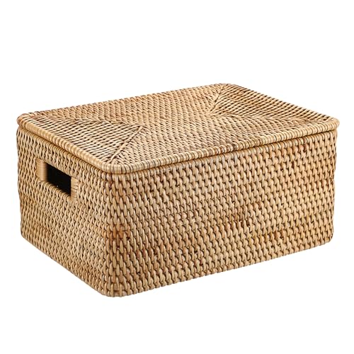 Hipiwe Rattan Basket With Lid Rectangular Lidded Basket Wicker Storage Bin - size: 15.1"L x 11.2"W x 7.3"H