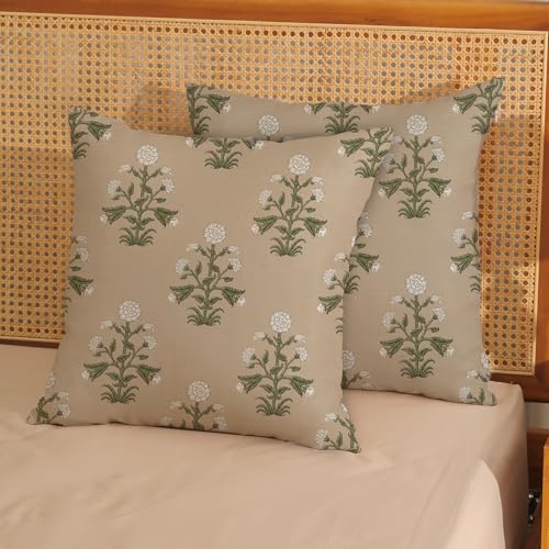 CXMEIFLY Beige Vintage Pillow Covers 18 x 18 Inch Set of 2 Boho Tan Khaki Floral Outdoor Decor Throw Pillows Neutral Block Print Flower Linen Farmhouse Decorative Pillowcases for Couch Bed Sofa - color: Beige Block Print, size: 18" x 18" (Pack of 2)