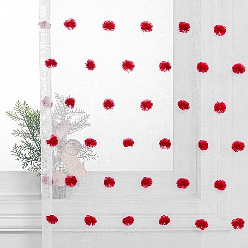 MYSKY HOME Red Pom Pom Curtains for Kitchen Windows 45 Inch Long 2 Panels - color: Red Pom Pom, size: 50"W x 45"L (Pack of 2)