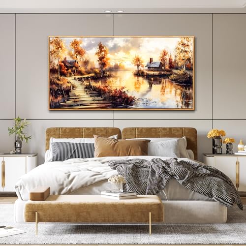 Large Framed Landscape Wall Art, Riverside Meadow Scenery Painting Print - color: Countryside Painting Wood Framed, size: 48"L x 24"W