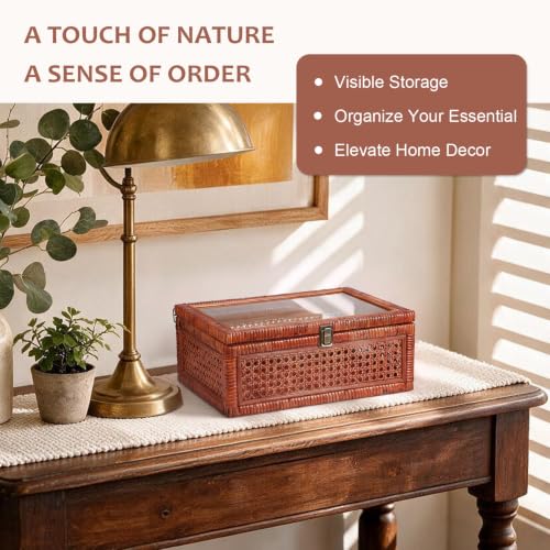 Hipiwe Vintage Rattan Display Box Rectangular Woven with Glass Lid, Brown - color: Brown, size: Large, 14"x10"x5.7"