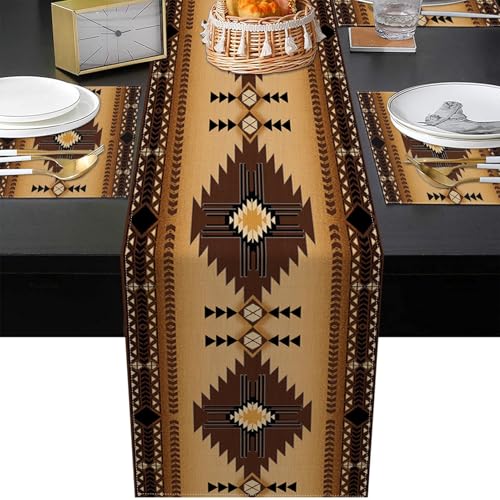 ArtSocket Table Runner and Placemats Set of 6, Boho Aztec - color: Western Brown
